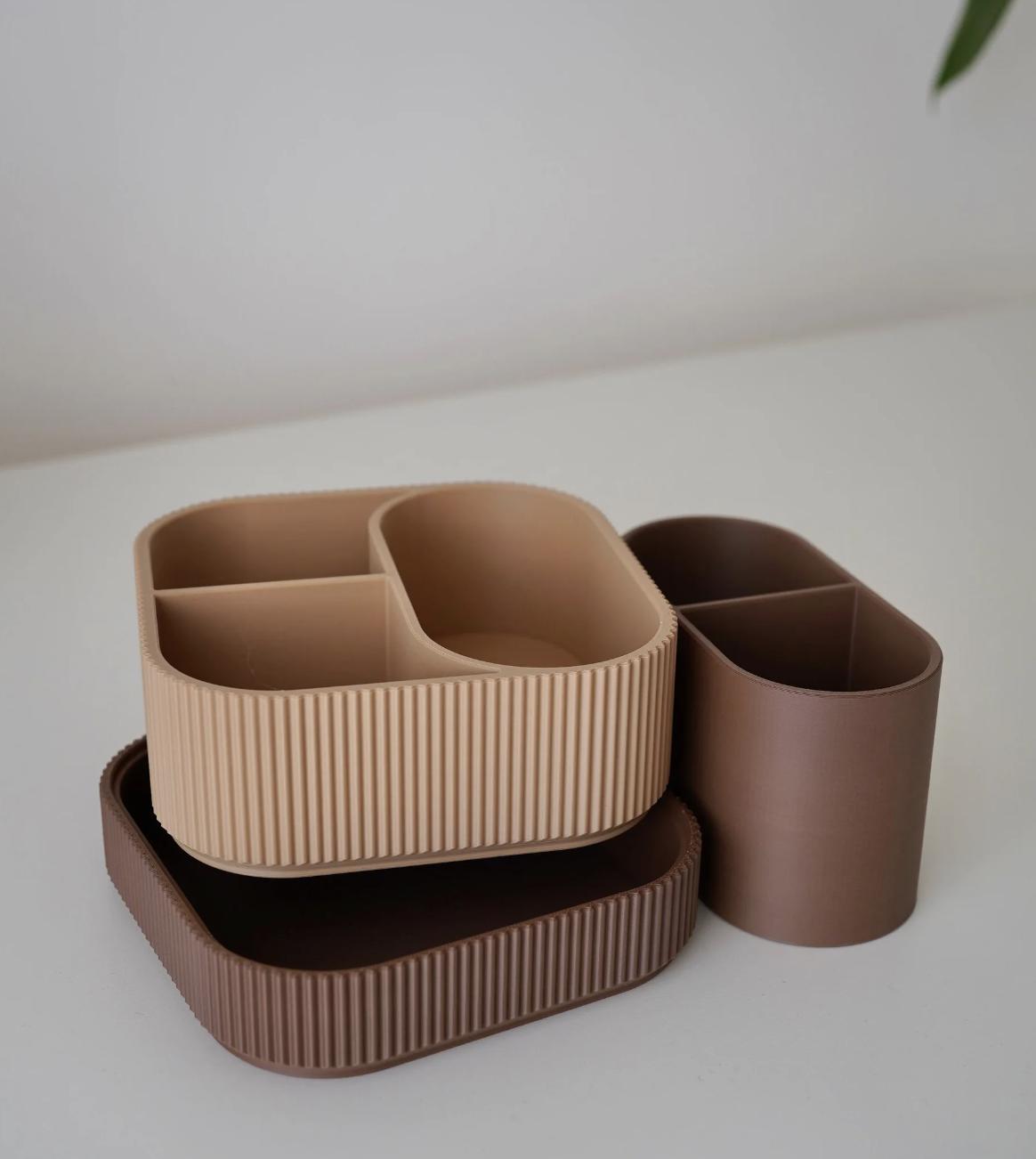 3D Printed Stackable Makeup Organizer: Modern Minimalist Ribbed Vanity Tray