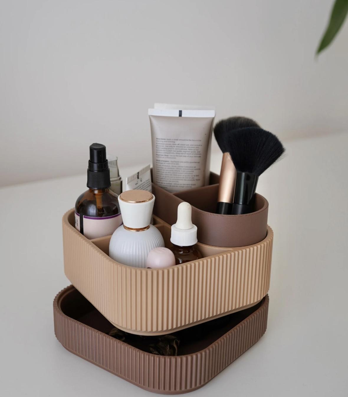 3D Printed Stackable Makeup Organizer: Modern Minimalist Ribbed Vanity Tray