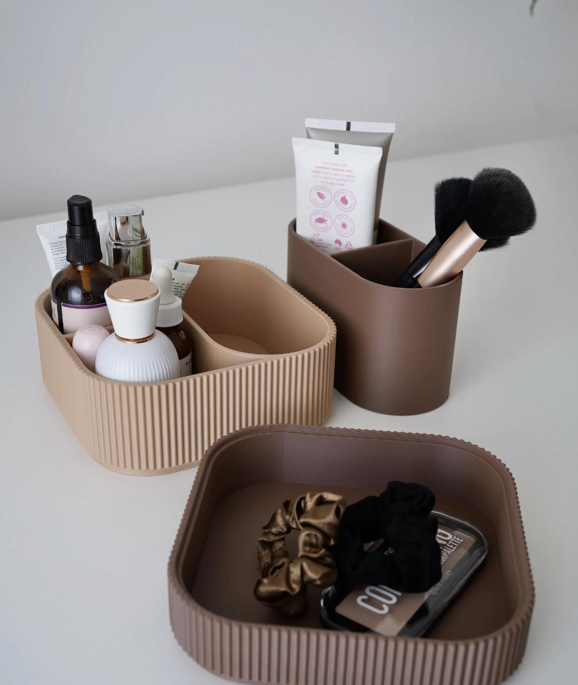 3D Printed Stackable Makeup Organizer: Modern Minimalist Ribbed Vanity Tray